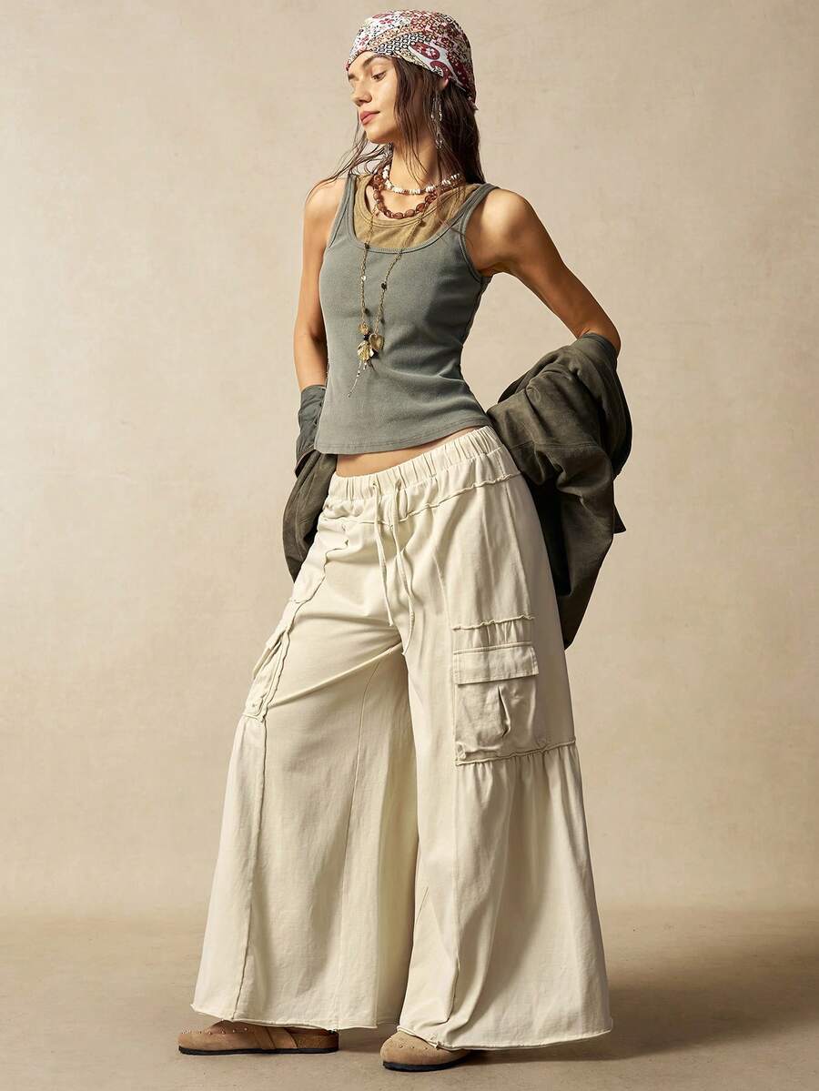 Bohemela 女式纯色针织高腰宽松水洗裤 - 杏色 - 查看 1