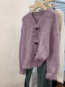 EMERY ROSE 2025 Fall/Winter Plus Size Women's Casual Fashion Versatile Homewear Warm Gentle Lady Commuter Round Neck Cardigan With Horn Button Design Mink Fur Sweater Cardigan - Purple - View 1