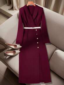 SHEIN Franclia Long Sleeve Blazer Style Dress With Side Slit, Elastic Waist And Metal Button Decor - Burgundy - View 1