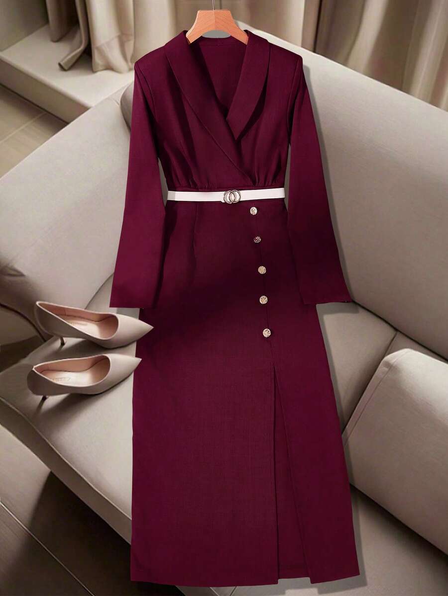 SHEIN Franclia Long Sleeve Blazer Style Dress With Side Slit, Elastic Waist And Metal Button Decor - Burgundy - View 1