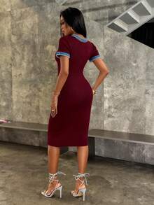 Women's Casual Fashion Street Patchwork Denim Half-Button Cardigan Short Sleeve Fitted Sweater Dress