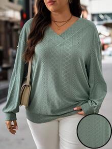 EMERY ROSE Plus Size Women Loose Fit V-Neck Ribbed Casual Sweatshirt, Autumn/Winter