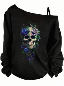 SHEIN LUNE Casual Minimalist Halloween Punk Street Style Skull & Rose Combination Graphic Print Dropped Shoulder Long Sleeve T-Shirt For Women, Suitable For Autumn/Winter