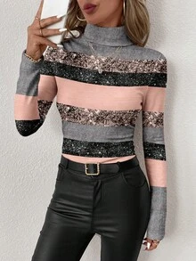 SHEIN Clasi Áo thun nữ cổ lọ tay dài bó sát, thiết kế tối giản, họa tiết sọc, phù hợp cho mùa thu/đông - Nhiều màu - Xem 5