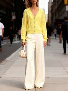 SHEIN LUNE Women's Solid Color V-Neck Drop Shoulder Long Sleeve Front Button Cardigan - Light Yellow - View 3