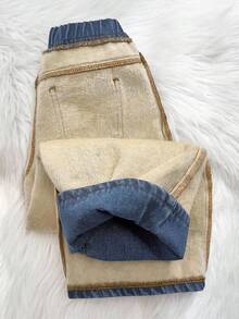 SHEIN 女婴可爱宽松蓝色牛仔保暖裤，秋冬季，秋季服装，冬季服装，休闲时尚度假装，2000年代风格，万圣节牛仔裤，圣诞节，加绒加厚牛仔裤，保暖牛仔裤 - 淺色水洗藍 - 查看 6