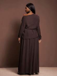 Veslaya 2025秋冬大码女装套装，优雅不对称肩部褶皱腰身长袖上衣搭配阔腿裤，适合乡村音乐会、婚礼、约会、正式场合等场合。 - 棕色 - 查看 11