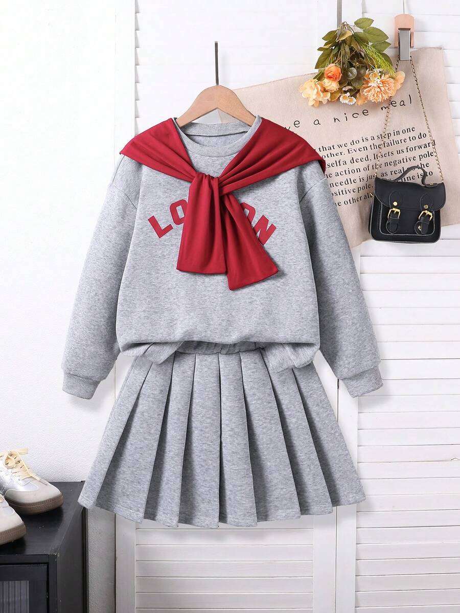 SHEIN Tween Girl Letter Print Long Sleeve Shawl Collar Sweatshirt And Pleated Mini Skirt Casual 2-Piece Set, Autumn - Multicolor - View 1
