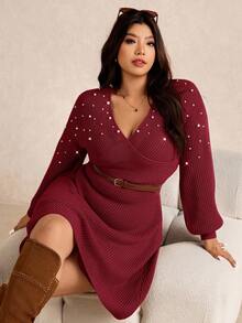 Elaquor Vestido Longo Elegante e Urbano de Estilo Minimalista com Decoração de Pérolas em Cruzado, Versátil para Outono/Inverno, Plus Size