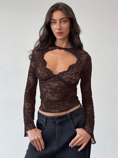 Aloruh Black Lace Music Festival Sheer Sexy Deep V Neck Long Sleeve Blouse For Women,Sexy Tops