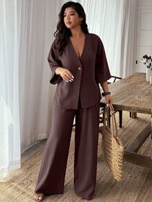 Weeklong Plus Size Solid Color Minimalist Daily Short Sleeve Top And Pants 2 Pieces Set - Burgundy - View 1