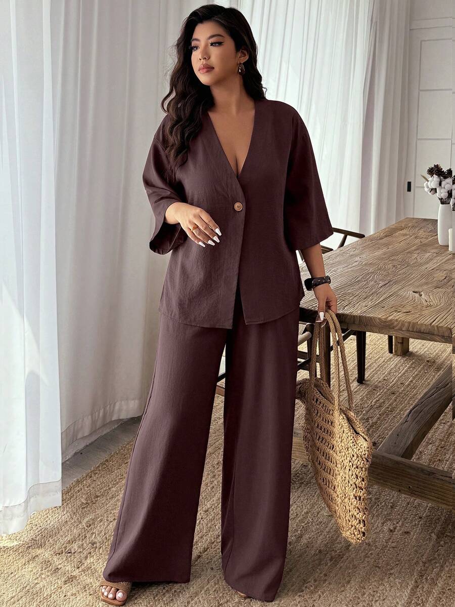 Weeklong Plus Size Solid Color Minimalist Daily Short Sleeve Top And Pants 2 Pieces Set - Burgundy - View 1