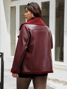 Vionelle Plus Size Jacket PU Burgundy Pocket Zipper Faux Fur Lining Outerwear, New Autumn/Winter - Burgundy - View 2