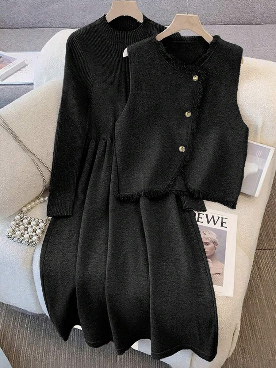 GlowEve Fashionable High-End Chic Round Neck Slimming Casual Long Cardigan & Knit Dress Two Pieces Set, Autumn/Winter - Black - View 1