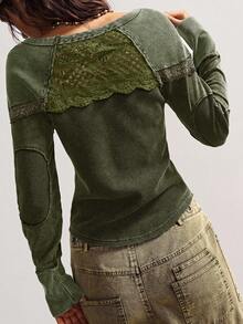 Bohemela Women's Casual Solid Color Knit Crew Neck Long Sleeve T-Shirt Matcha Centella Olive Green - Army Green - View 8