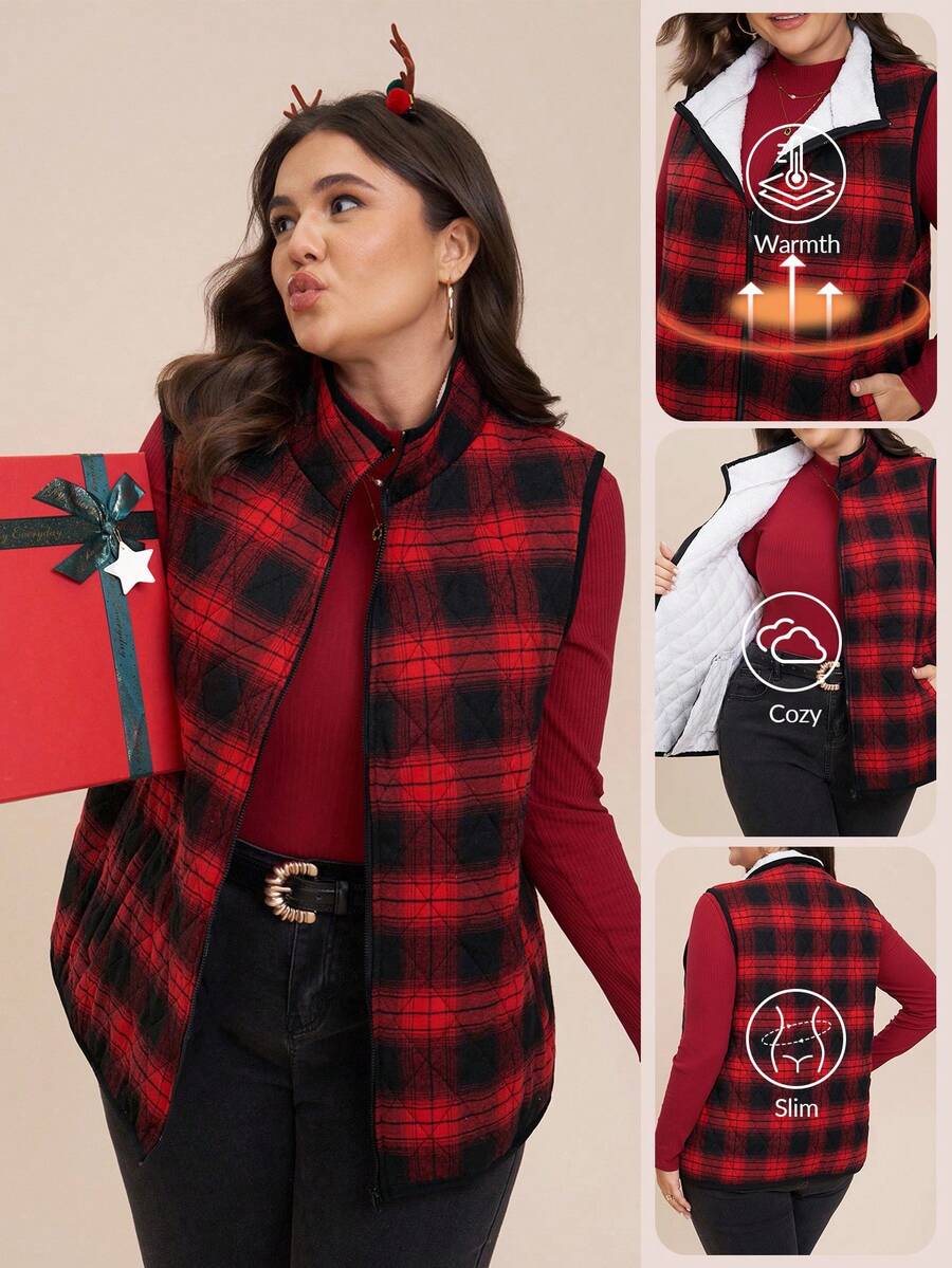 Comfylo Plus Size Women's Christmas Red & Black Plaid Padded Zip Up Vest Christmas Festival Christmas Vest Women Red Plaid Vest Buffalo Plaid Vest Quilted Vest Women Plaid Vest Women Flannel Vest For Women Christmas Outfit Women Women  Red  Plaid Vest/ Winter Warm Plaid Coat  New Year  Thanksgiving
