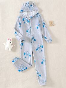 Girls' Minimalist Cute Rabbit Print Long Sleeve Jumpsuit Loungewear,Cute Bunny Pattern Plush Hooded Loungewear Pajamas For Autumn And Winter Hoodies Fleece Pajamas Stitch Pajamas Cartoon Character Pajamas - Baby Blue - View 6