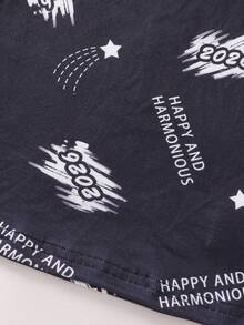 2pcs Boys' New Year Slogan Print Long Sleeve Top And Leggings Pajama Set Snug Fit,Winter Pajamas, Happy New Year Slogan Pajamas Loungewear - Black - View 6