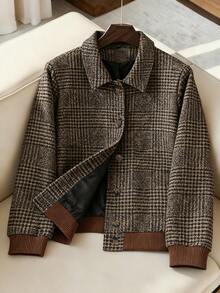 Franclia Plus Size Women's Houndstooth Lapel Button-Up Jacket,Elegant Office Style,Vintage French Plaid Tweed Jacket,Fall Winter Contrast Ribbed Brown Jacket - Multicolor - View 1