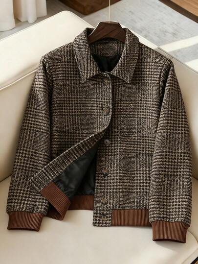 Franclia 大码女式翻领纽扣千鸟格纹衬里撞色罗纹常规外套，优雅精致，复古法式街头风，简约百搭，适合秋冬季、万圣节、圣诞节、感恩节、下午茶派对等场合。格子外套、粗花呢外套、棕色外套、方格外套、休闲女式外套