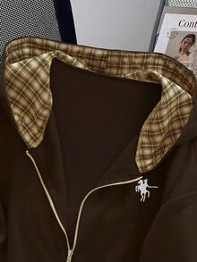 EMERY ROSE Fashionable Casual Style Long Sleeve Plaid Collar Zipper Letter Print Sweatshirt For Women - Coffee Brown - View 6