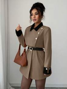 Elenzga 女士优雅奢华时尚厚外套，不含腰带 - 卡其色 - 查看 3