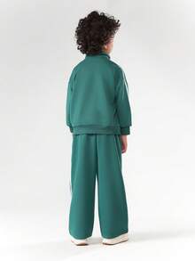 SUMWON Boys Hoodie Sweatshirt Co-Ord Set Without Drawstring Hood And Side Stripe Details Casual Comfort Wear Vacation - Dark Green - View 2