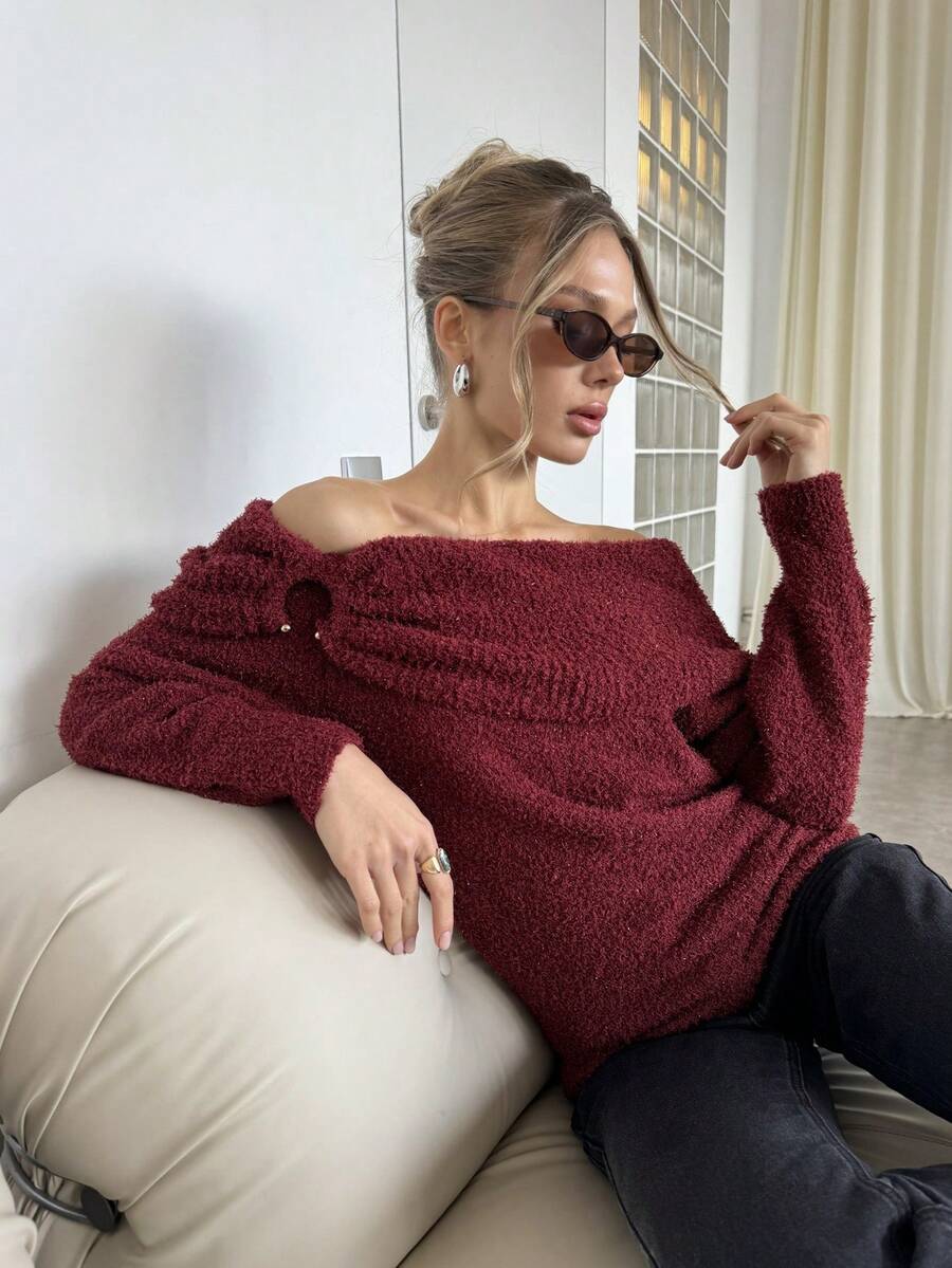 SHEIN BAE 女式露肩扭纹设计长袖时尚毛衣，秋冬 - 酒紅色 - 查看 1