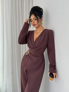 Selianne Women's Solid Color Criss-Cross Wrap Front Long Sleeve Elegant Jumpsuit - Brown - View 4