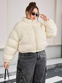 SHEIN CURVE+ 女式加大码休闲米色仿羊毛短款夹棉大衣，冬季 - 米色 - 查看 5