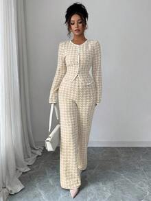 Elenzga Women's Spring/Autumn Back To School New Set, Korean Style Houndstooth & Golden Thread Jacquard Patchwork, Fashionable & Elegant Casual Long Sleeve T-Shirt And Straight Leg Pants 2 Pieces Outfit