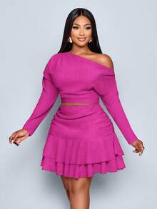 SOLERSUN Blusa de manga larga y falda plisada de dos piezas para mujer talla grande, de unicolor, elegante para fiestas y uso diario. Cuello asimétrico de punto, dobladillo con doble volante. Adecuado para ir al trabajo, fiestas versátiles, festivales de música y otras ocasiones. Ropa de otoño para mujer.