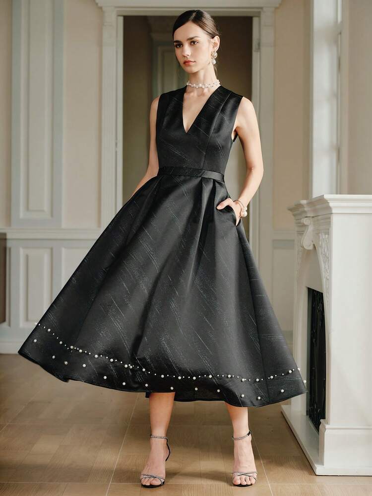 Stylish Starry Sky Textured Deep V-Neck Sleeveless Irregular Hem Pearl Decor Women's Evening Dress, Suitable For New Year, Party, Wedding, Elegant, Chic, Black, Evening Gown