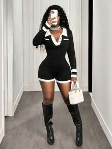 BamGleam 女式新款黑白领长袖休闲针织连体裤 - 黑與白 - 查看 5