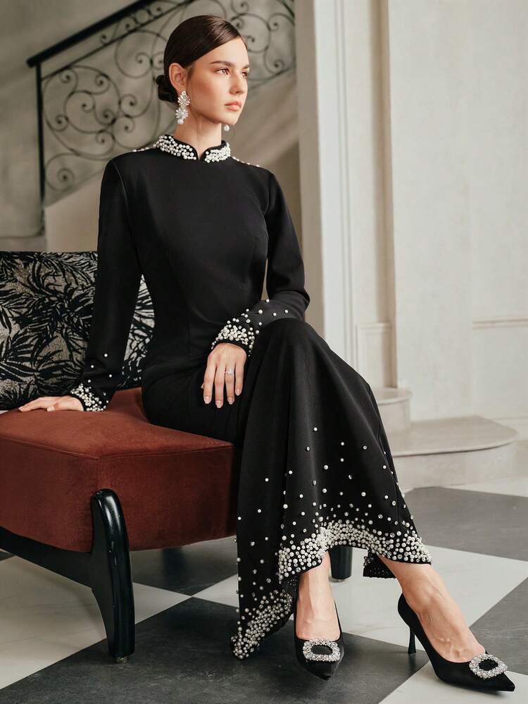 Elegant Christmas & Halloween High-End Black Velvet Vintage Collar Pearl Rhinestone Decor Long Sleeve High Waist Pearl Trim Maxi Skirt Fashionable Dress, Suitable For Fall, Winter, New Year, Party, Wedding