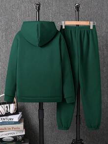 SHEIN 2 件/套超值买 1 送 1 青少年男孩厚羊毛宽松连帽衫和运动裤套装，适合万圣节、圣诞节、休闲装、学校、通勤、运动、秋冬 - 墨綠色 - 查看 2