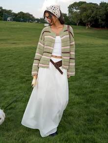 Chiquease 女士休闲条纹圆领落肩长袖针织开衫，秋冬 - 彩色 - 查看 4