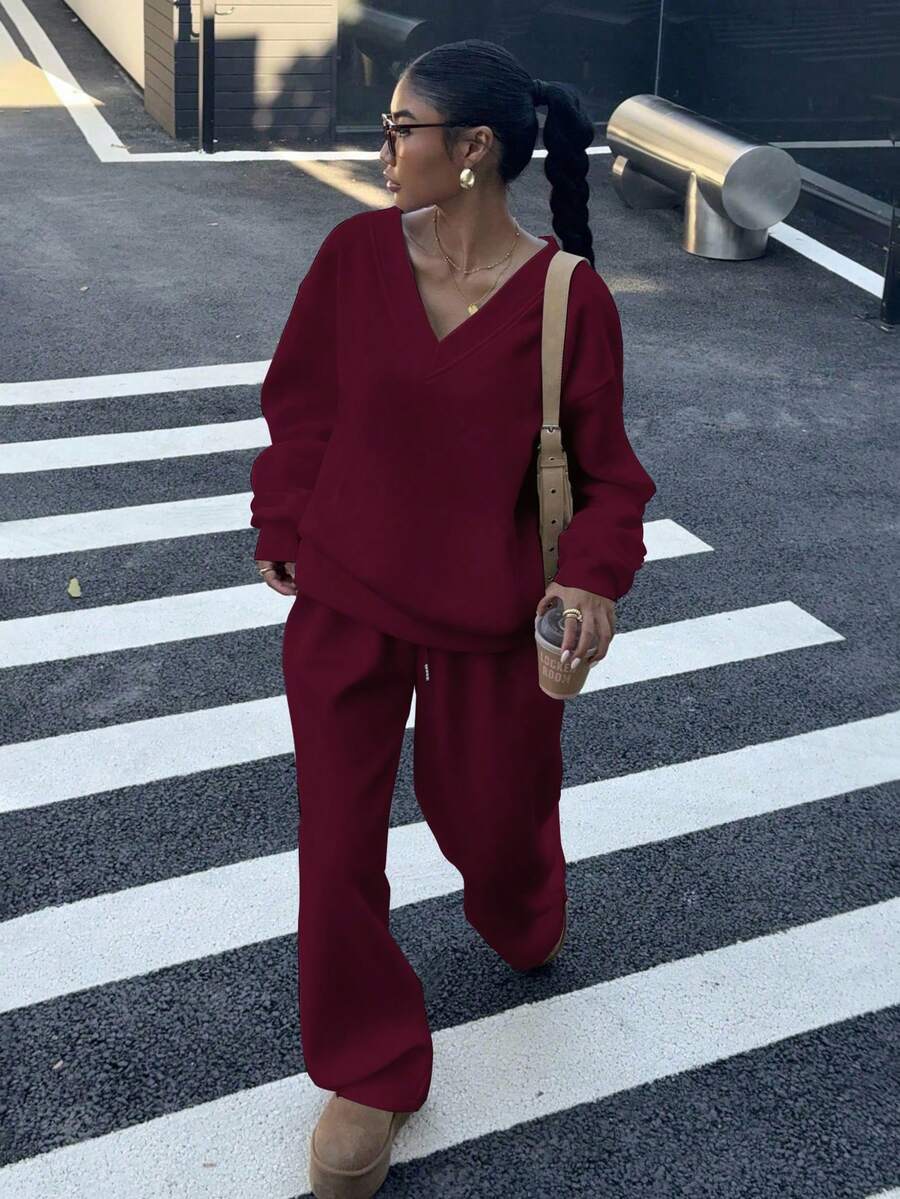 Muchica 2pcs/Set Women's Burgundy V-Neck Oversized Fluffy Fleece Elastic Loose Sweatshirt And Sweatpants, Casual Autumn/Winter Christmas - Red Violet - View 1
