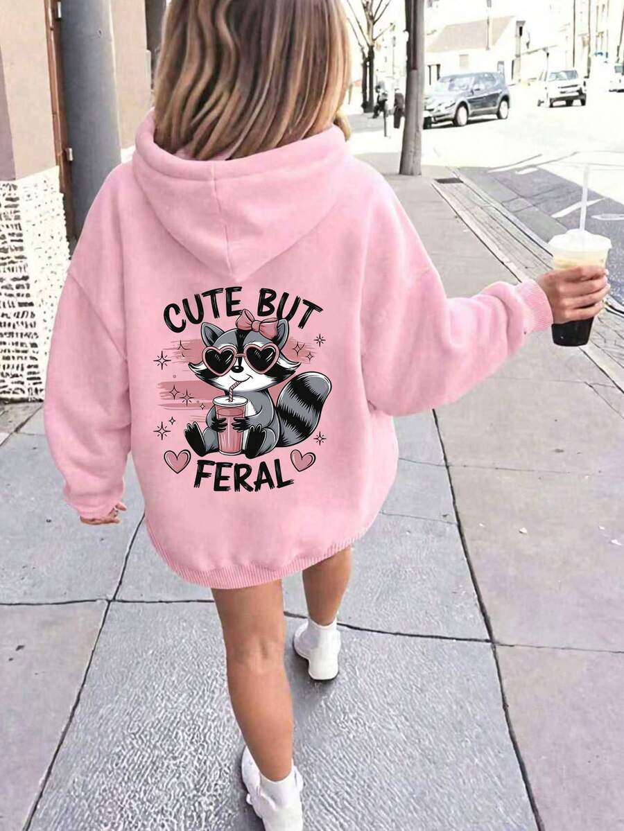 Sparklyn Young Girl Casual Cute Raccoon Heart Letter Print Hooded Long Sleeve Sweatshirt, Suitable For Fall Clothes Tops "Cute But " Printed Sweatshirt - Pink - View 1