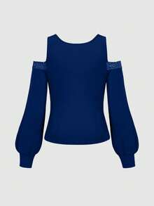 Cravure 大码女式灯笼袖装饰派对透明网眼衬衫 - 藏蓝色 - 查看 2