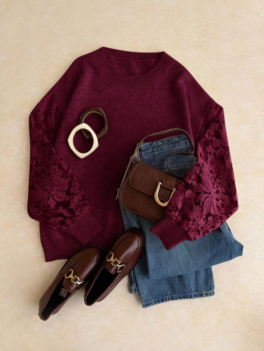 Elaquor Suéter de talla grande casual y elegante, versátil, con parches de malla, para otoño/invierno - Burdeos - Ver 1