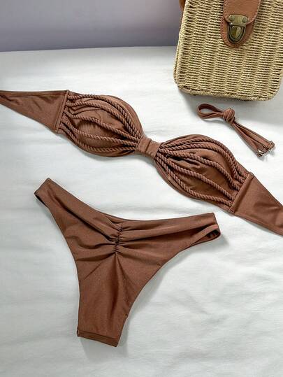 Swim Vcay Swim Vcay 2pcs/Set Solid Color Rope Decor Bandeau Bikini Top And High Cut Bottoms Sexy Swimsuit Set, Spring/Summer Brown Bathing Suit Women Modest Bikini Set Brown Bikini Set Tie Bikini Set Bow Bikini