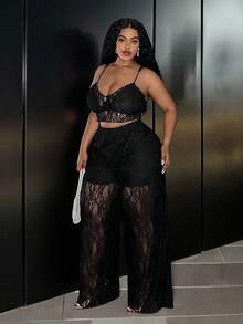 Slaydiva 2025 Herbst/Winter Neue Sexy Spitzen Trägerhemd + Weite Hose Set, Große Größen, Geeignet für Party, Nachtclub, Treffen, Date, Ball, Club