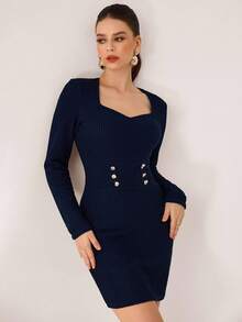 Modelyn Square Neck Double-Breasted Fitted Waist Bodycon Elegant Long Sleeve Mini Dress For Women - Navy Blue - View 2