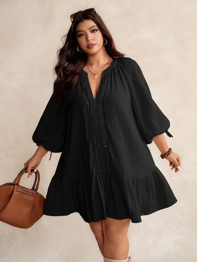 Elaquor Plus Size Solid Color Minimalist Long Sleeve Casual Dress Spring To Summer