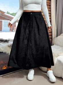 SHEIN EZwear 大码休闲纯色高腰A字裙 - 黑色 - 查看 5