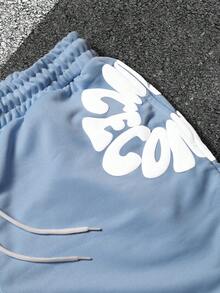 SLATEMANN Men's Casual Letter Print Shorts, Summer - Baby Blue - View 3