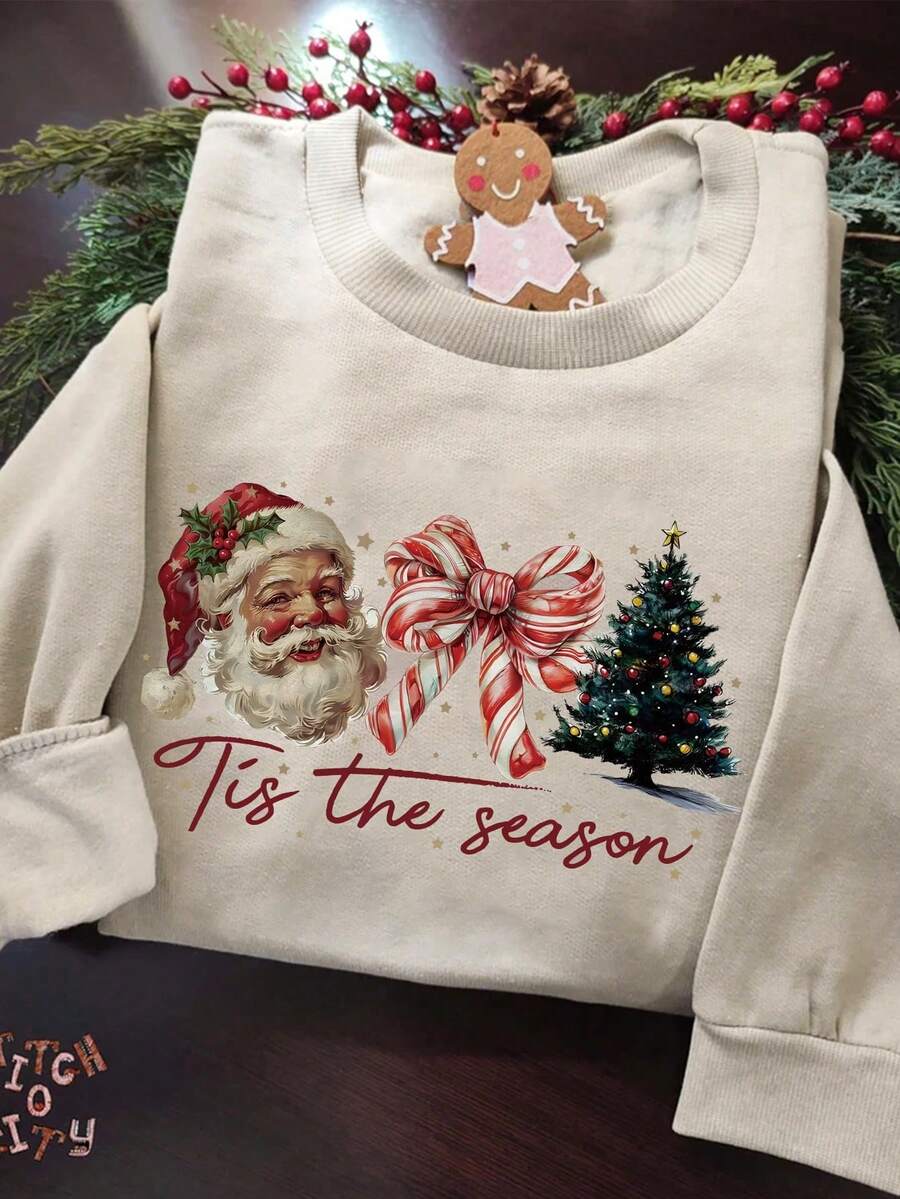 INAWLY Christmas Fashionable Print Dropped Shoulder Crew Neck Sweatshirt For Women - Apricot - View 1
