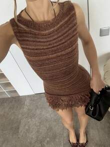 SHEIN BAE 女式休闲无袖流苏针织连衣裙