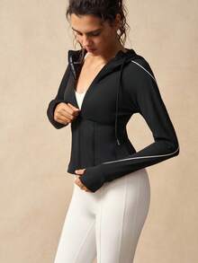 VARSIVA Women's Casual Zip-Up Hoodie Jacket With Thumb Hole And Drawstring, Suitable For Autumn - Black - View 6